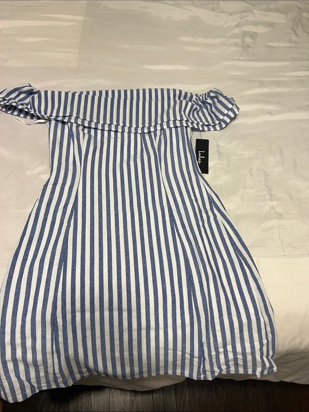 Lulu's Blue and White Striped Off-Shoulder Dress